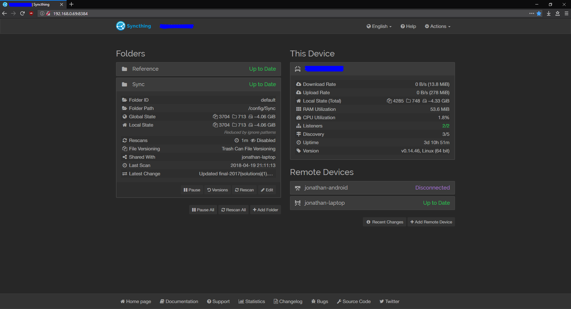 Syncthing GUI, dark theme